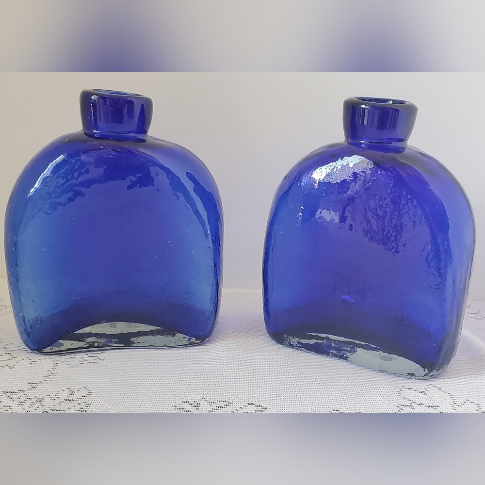 Cobalt Blue Glass Bottle Hand Blown Bud Vase Clear Bottom Mexico Set Pontil 5"